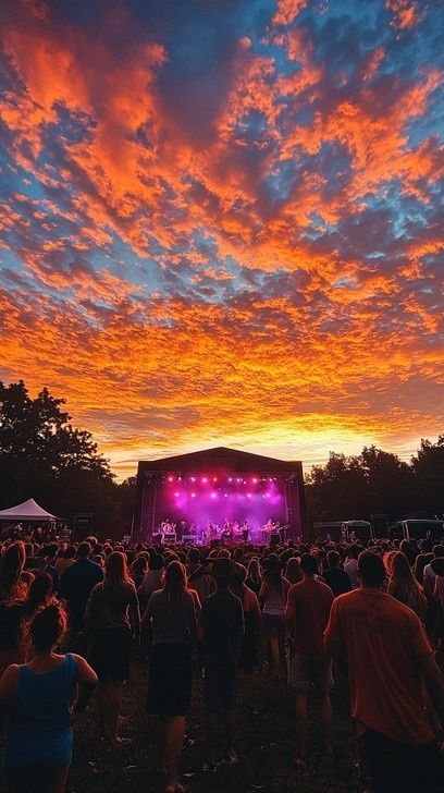 Festivalpublikum vor einer beleuchteten Bühne bei farbenprächtigem Sonnenuntergang
